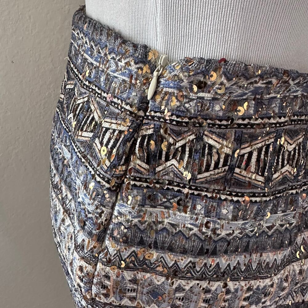 Boho Tribal Embellished Mini Skirt Blue Gold Sequin Elastic Waist - Picture 5 of 5